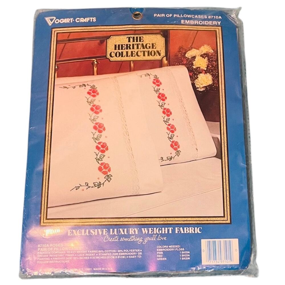 Vogart Crafts Heritage Collection Pillowcase Pair Roses Embroidery Stamped NEW